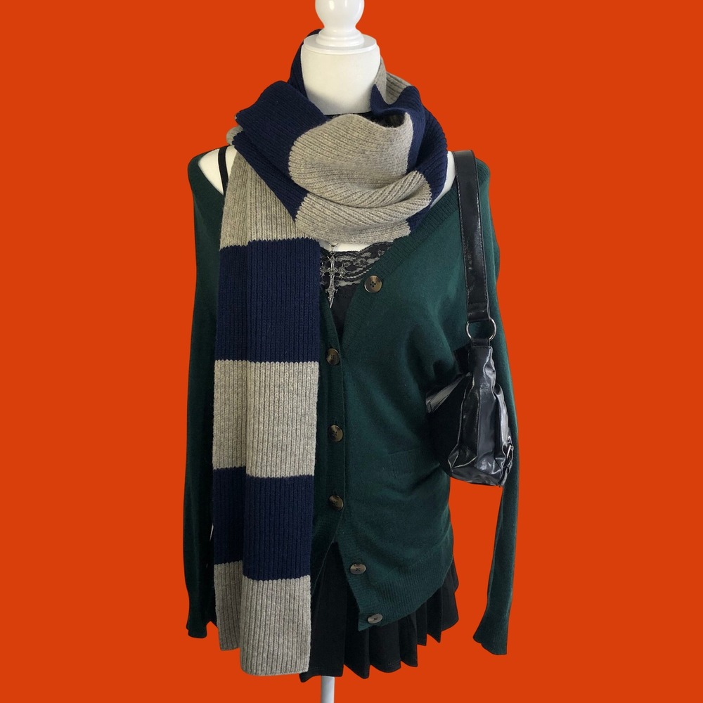 Vintage Y2K Gap Lambswool Striped Ribbed Knit Scarf Navy Gray Preppy Unisex